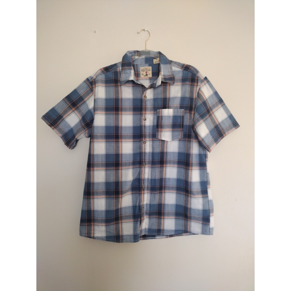 Red Head Button Up‎ Shirt Men L Blue Plaid Short Sleeve Textured Outdoors Casual - Picture 7 of 8